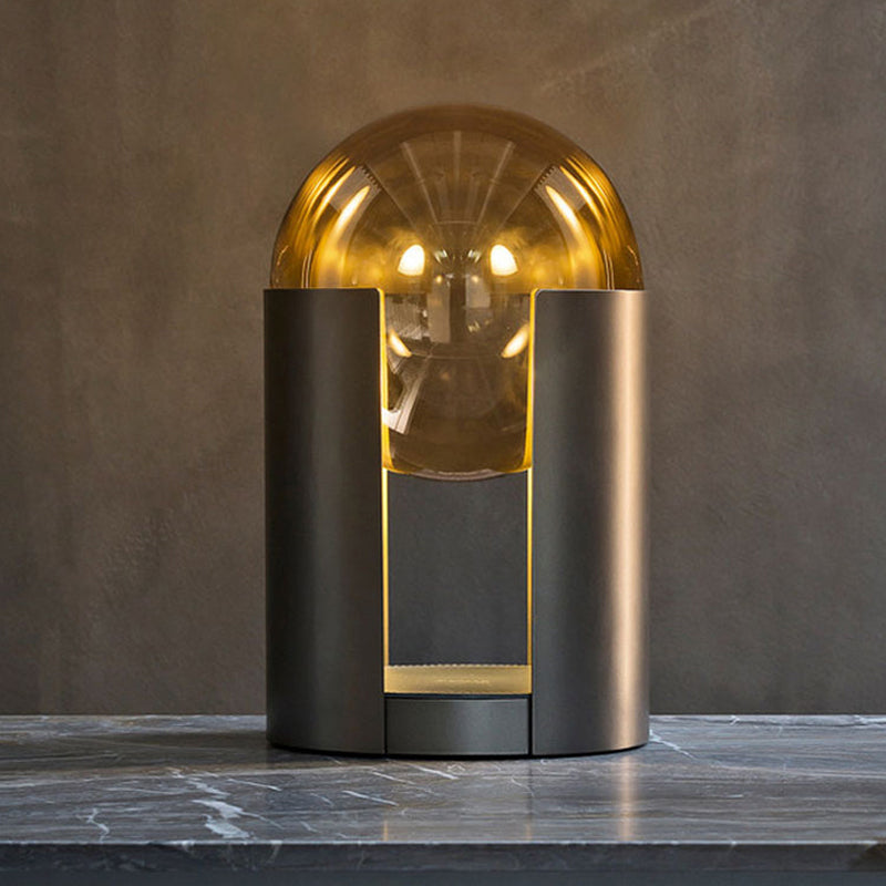 Black Cylindrical Table Light Postmodern 1 Bulb Amber Ball Glass Night Stand Lamp with Gap Design