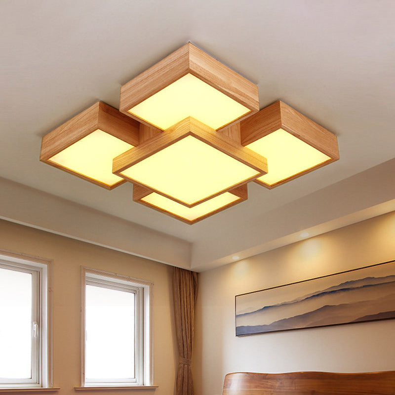 Beige vierkant/rechthoekblokspoellicht modern 22 "/31,5"/42 "brede LED houten plafond gemonteerde lamp
