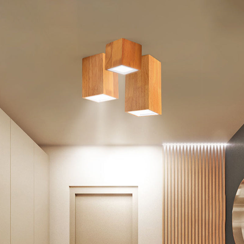 Round/Square Mini Corridor Ceiling Lamp Wooden 4"/6"/8" H LED Nordic Flush Mount Lighting in Beige