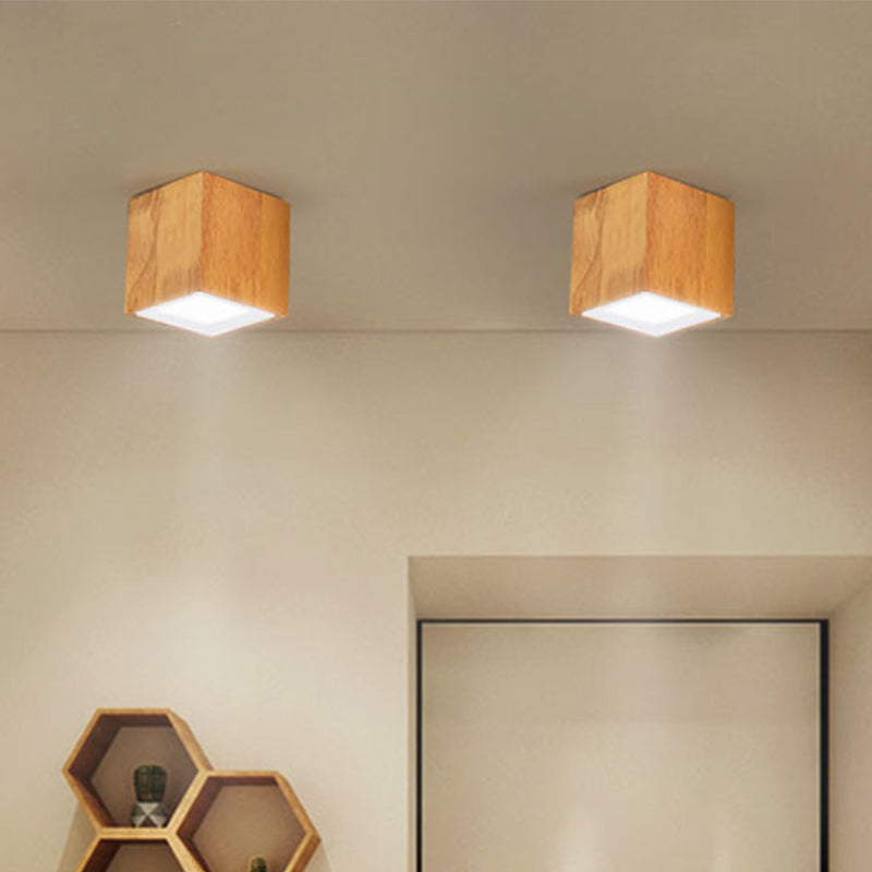 Round/Square Mini Corridor Ceiling Lamp Wooden 4"/6"/8" H LED Nordic Flush Mount Lighting in Beige