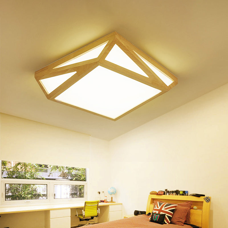 Square/Rectangle Box Ceiling Fixture Modernism Wood Living Room LED Flush Mount Lamp in Warm/White Light, 16"/19"/38" W
