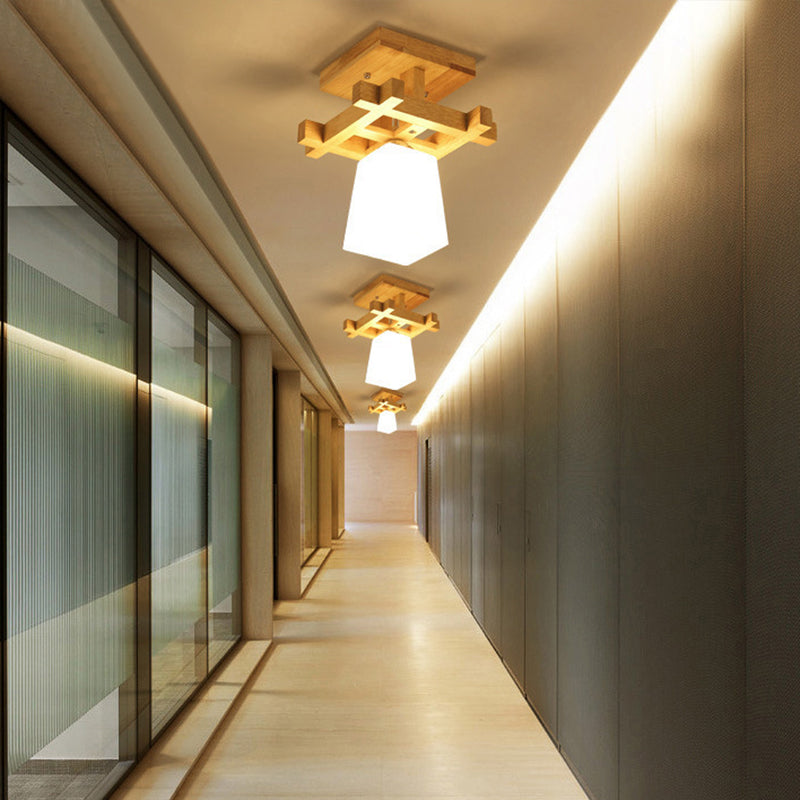 Trapezoidaler Gang Deckenlampe Opalglas 1-Licht Nordic Style Semi Flush Mount Light in warmem/weißem Licht mit Holzoberteil