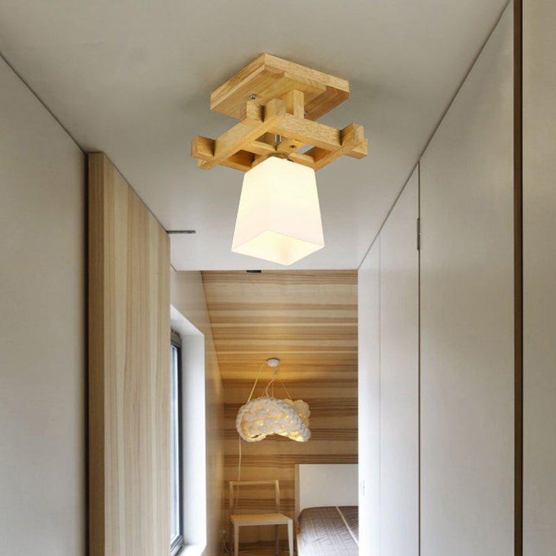 Trapezoidaler Gang Deckenlampe Opalglas 1-Licht Nordic Style Semi Flush Mount Light in warmem/weißem Licht mit Holzoberteil