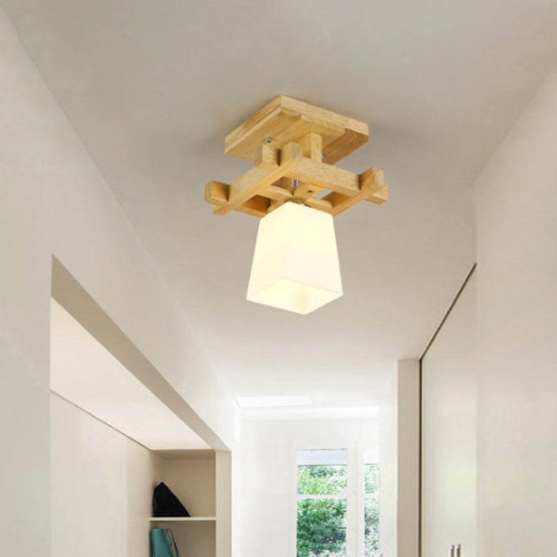 Trapezoidaler Gang Deckenlampe Opalglas 1-Licht Nordic Style Semi Flush Mount Light in warmem/weißem Licht mit Holzoberteil