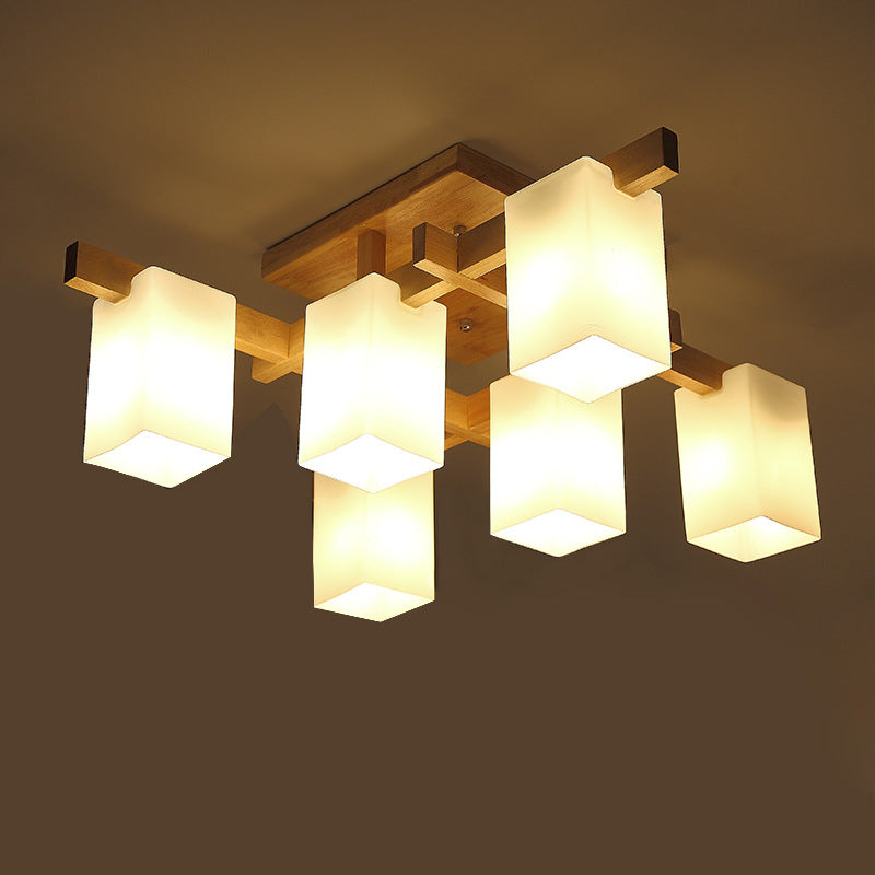 Frosted White Glass Cuboid Semi Flush Contemporary 6-Light Close to Ceiling Light with Wood Arm