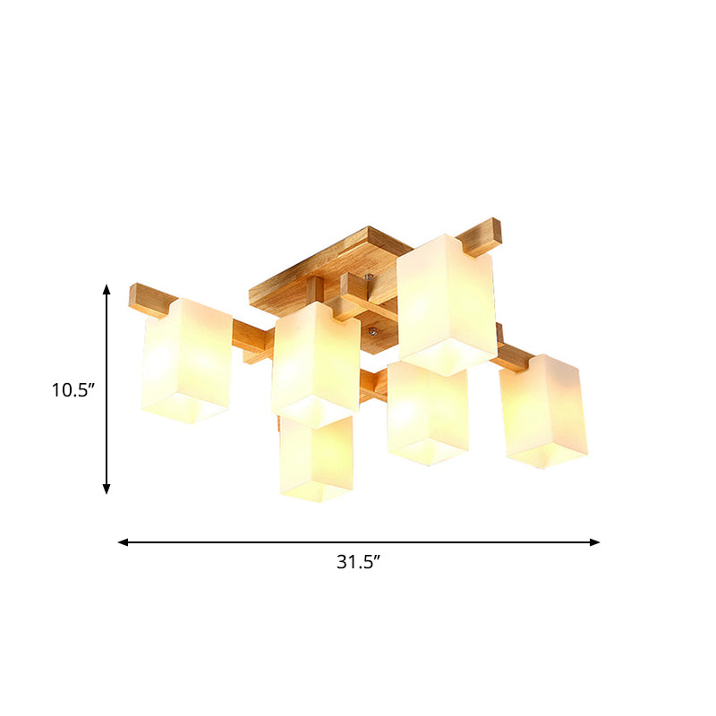 Frosted White Glass Cuboid Semi Flush Contemporary 6-Light Close to Ceiling Light with Wood Arm