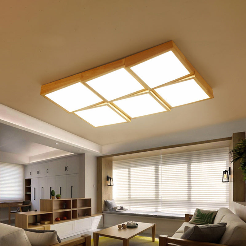 Plafoniera a scacchiera in legno nordico 1/6/9-Light Beige Lampada da incasso a luce calda/bianca per soggiorno