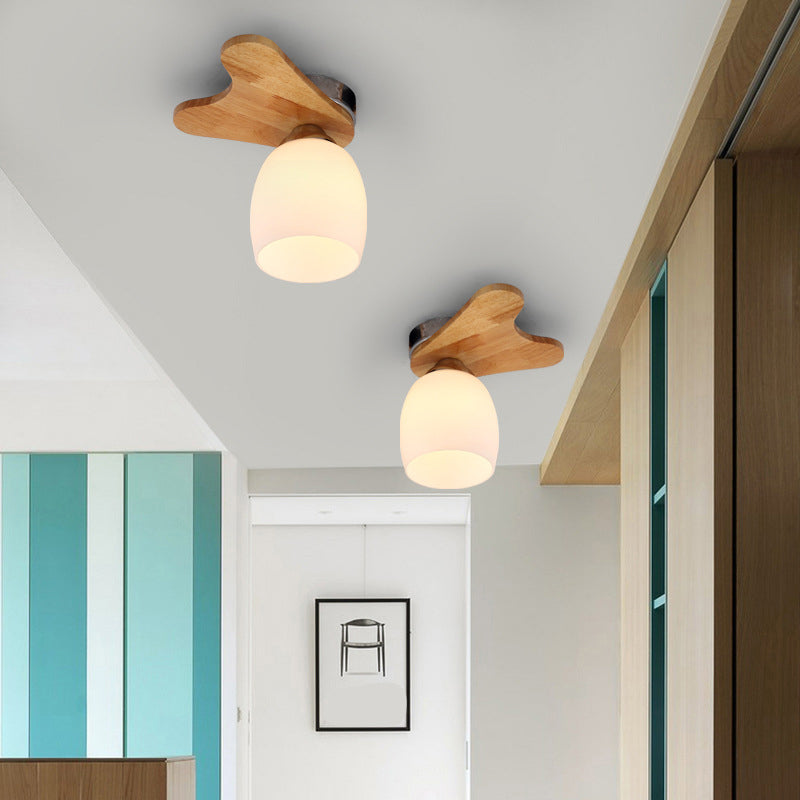 Cream Glass Bell Flush Ceiling Light Nordic 1/5/7-Head Semi Mount Lighting with Antler Top in Wood