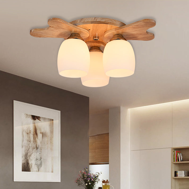 Cream Glass Bell Flush Ceiling Light Nordic 1/5/7-Head Semi Mount Lighting with Antler Top in Wood
