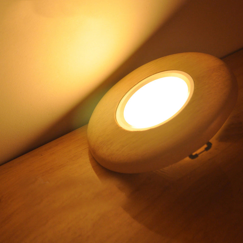 Mini Plate Shaped Flush Mount Light Simplicity Wood Living Room LED Ceiling Lamp in Warm/White Light
