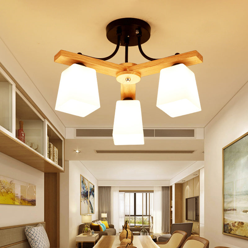 3/6/8 Lights Living Room Semi Flush Nordic Black and Wood Flush Mount Ceiling Chandelier with Square Milk Glass Shade