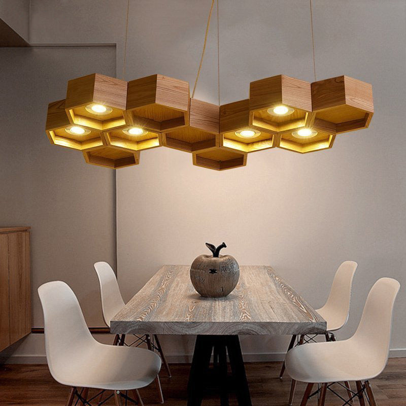 Modernism Beehive Suspension Light Wooden 6-Light Dining Room Chandelier Pendant in Brown