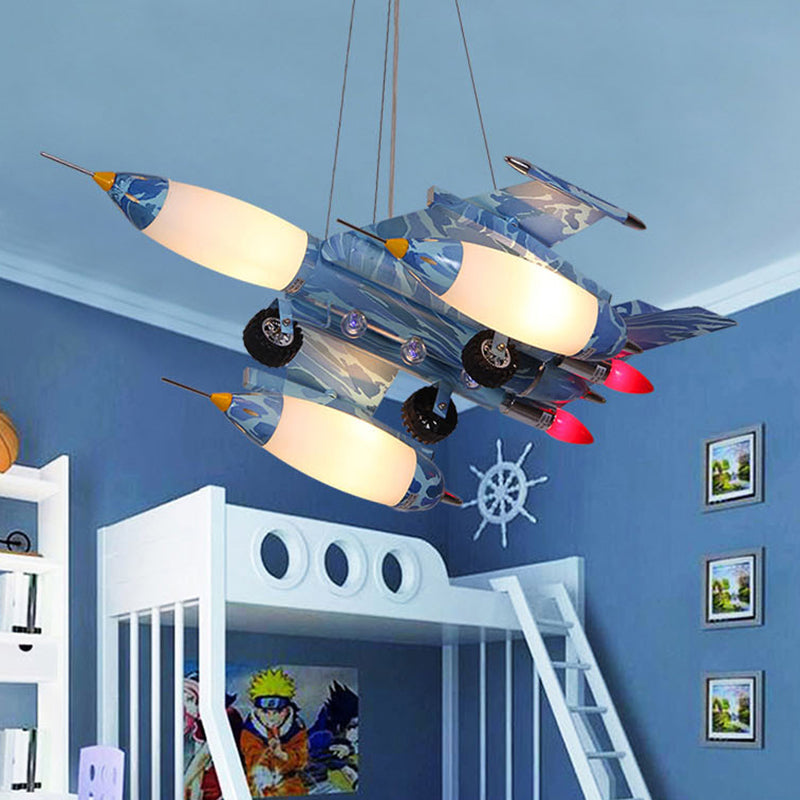 Cool Fighter Airplane Chandelier Modern Metal Hanging Light in Blue for Nursing Room