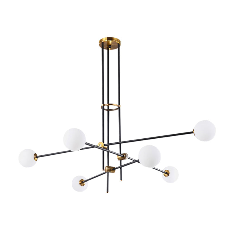 Schwarzer 3-Arm-Kronleuchter-leichter postmoderner 6 Lampenmodelle Deckenanhänger mit Ballmilchglasschatten