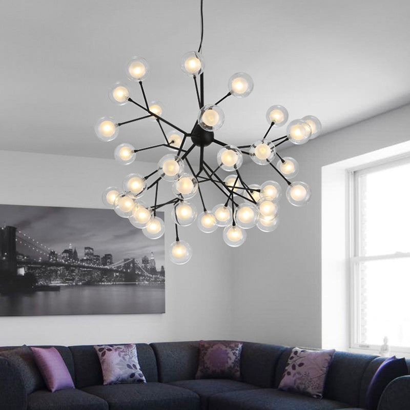 Clear and Frosted Glass Firefly Chandelier Modernist 36-Light Black Hanging Pendant Light for Parlor