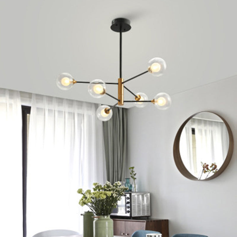 Postmodern 6/8 Lights Chandelier Lighting Black and Gold Branch Pendant Lamp with Ball Dual Clear Glass Shade