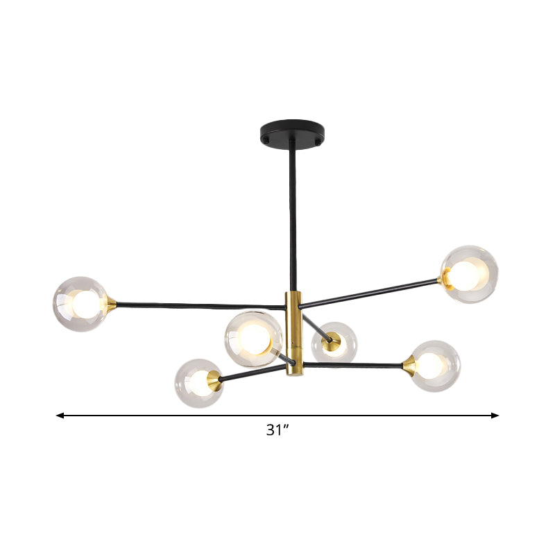 Postmodern 6/8 Lights Chandelier Lighting Black and Gold Branch Pendant Lamp with Ball Dual Clear Glass Shade