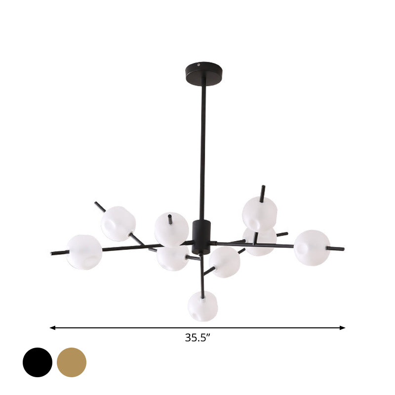Modern Branch Chandelier Lamp Metal 9/12 Bulbs Bedroom Suspension Light in Black/Gold with Ball Acrylic Shade Insert
