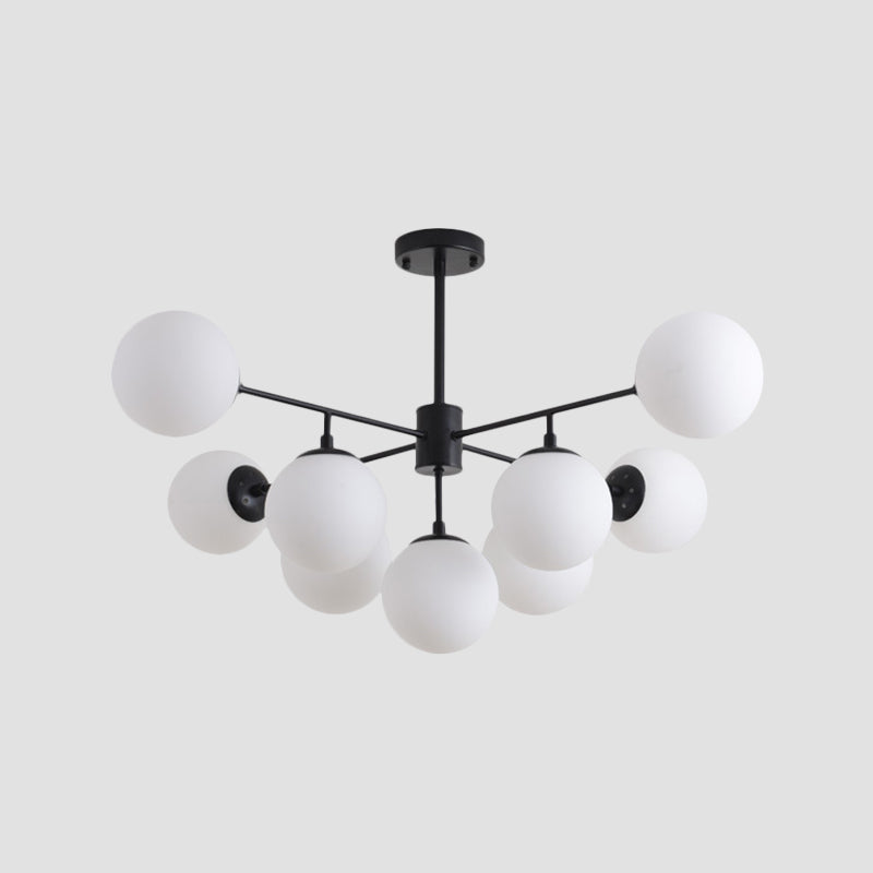 Lámpara de araña de rama de hierro Postmodern 9/11 Luces Black/Gold Costa de colgantes con sombra de vidrio de ópalo de orbe