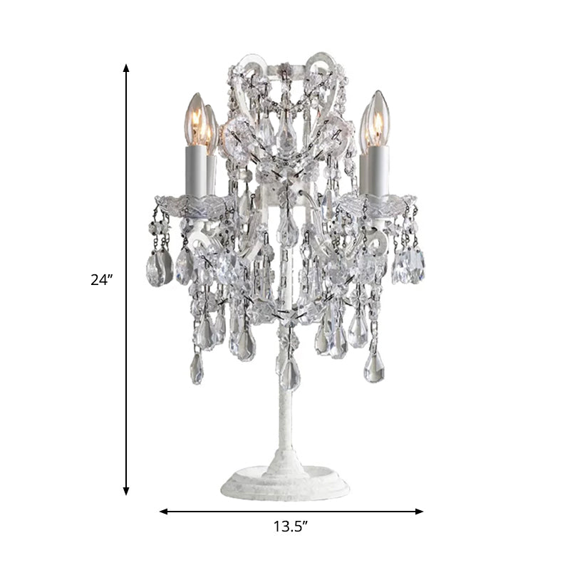 Luxurious Style Candle Desk Light 4 Heads Metal Table Lamp with Crystal Deco in White for Adult Bedroom
