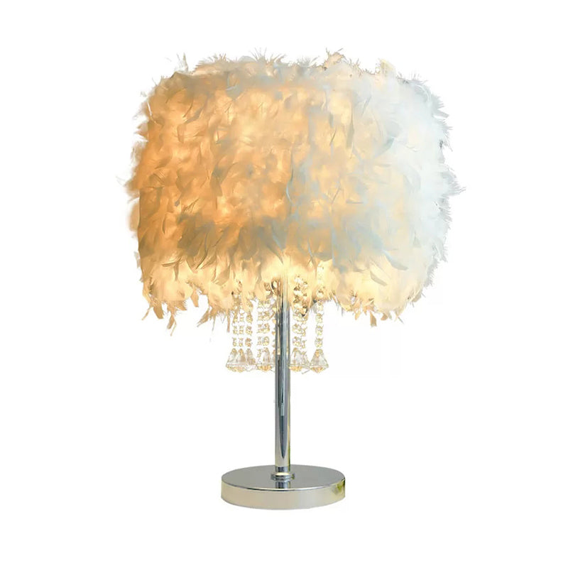 Romantic Drum Desk Light Feather White Table Light with Clear Crystal Bead for Hotel Restaurant