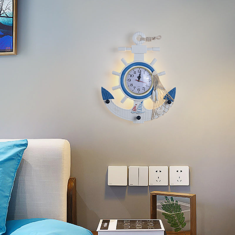Child Bedroom Anchor Rudder Wall Light with Clock Wood Nautical Stylish Blue Wall Lamp
