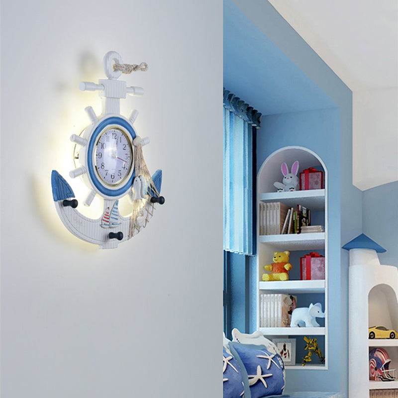 Child Bedroom Anchor Rudder Wall Light with Clock Wood Nautical Stylish Blue Wall Lamp