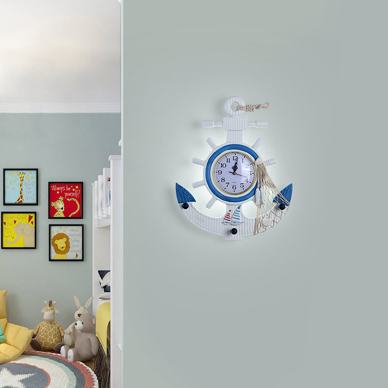 Child Bedroom Anchor Rudder Wall Light with Clock Wood Nautical Stylish Blue Wall Lamp