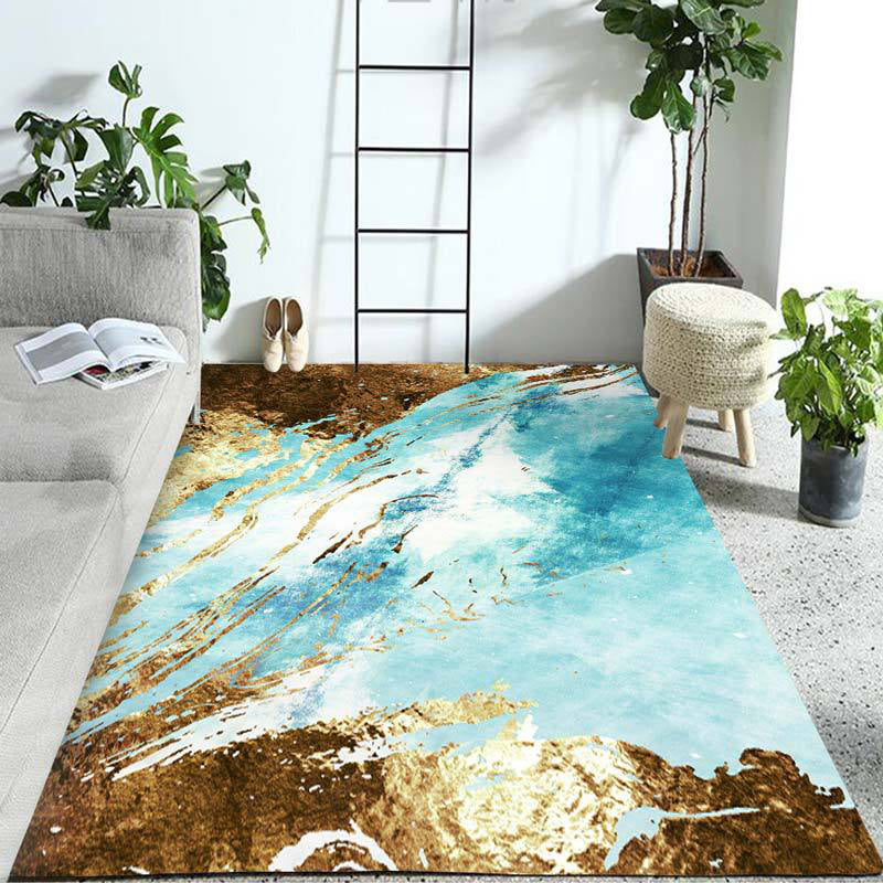 Stylish Watercolor Pattern Rug Blue and Golden Casual Rug Polyester Washable Non-Slip Backing Area Rug for Bedroom