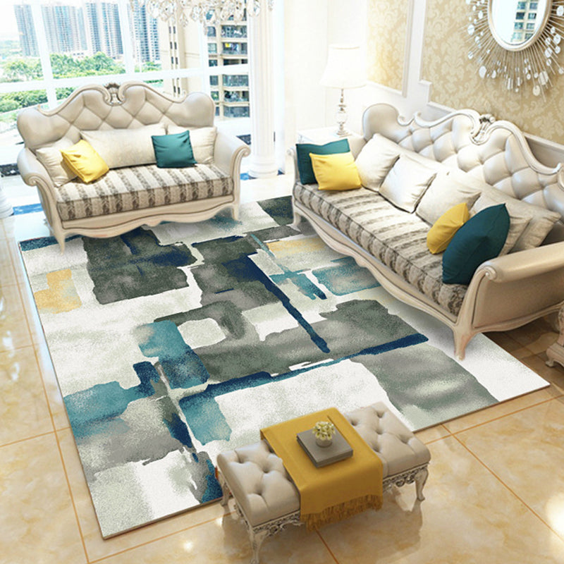 Modern Abstract Pattern Rug Grey and Green Polyester Rug Machine Washable Carpet for Bedroom