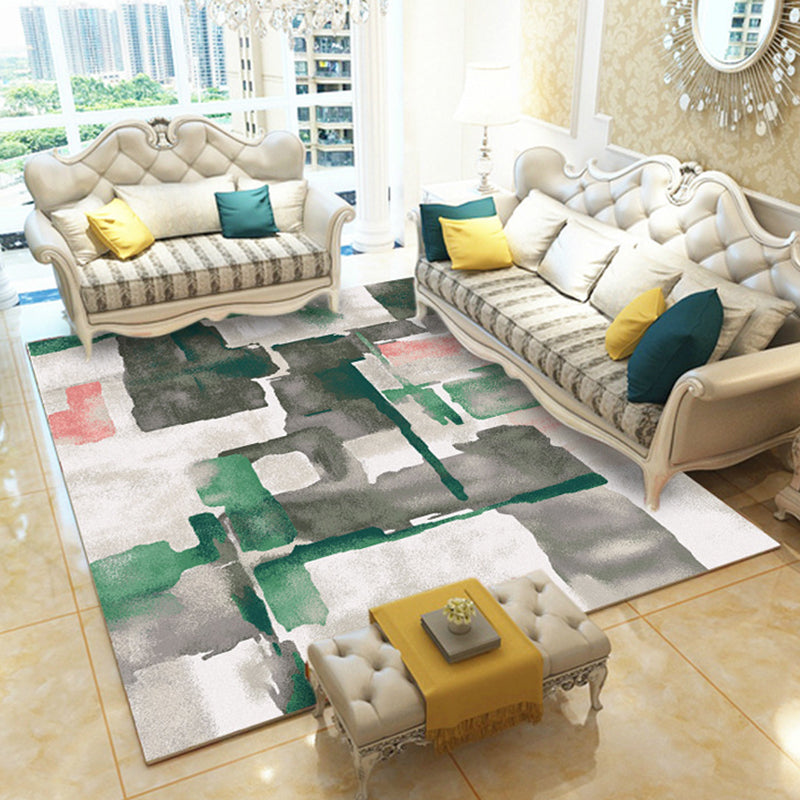 Modern Abstract Pattern Rug Grey and Green Polyester Rug Machine Washable Carpet for Bedroom