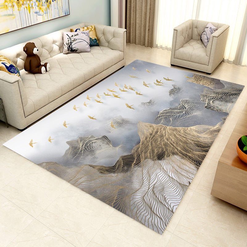 Gray and Brown Novelty Rug Polyester Mountain and Bird Print Rug Washable Non-Slip Backing Area Rug for Living Room