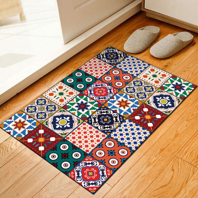 Mediterranean Moroccan Rug Multicolor Square Circle Pattern Area Rug Polyester Non-Slip Area Rug for Home Decoration