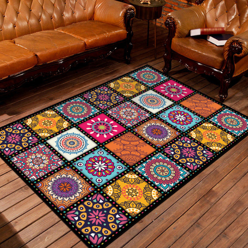 Moroccan Square Flower Pattern Rug Multi-colored Polyester Carpet Non-Slip Backing Area Rug for Living Room