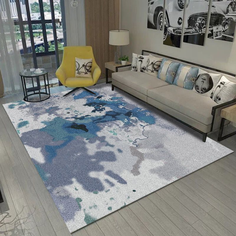 Unique Abstract Pattern Rug Gray and Blue Polyester Rug Non-Slip Backing Washable Area Rug for Bedroom
