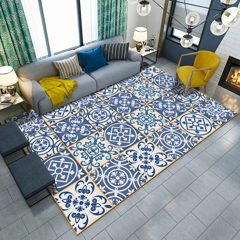 Blue and White Bedroom Rug Moroccan Flower Circle Square Pattern Rug Polyester Machine Washable Carpet