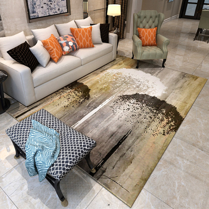 Causal Tree Pattern Rug Brown and White Polyester Rug Machine Washable Non-Slip Backing Area Rug for Bedroom