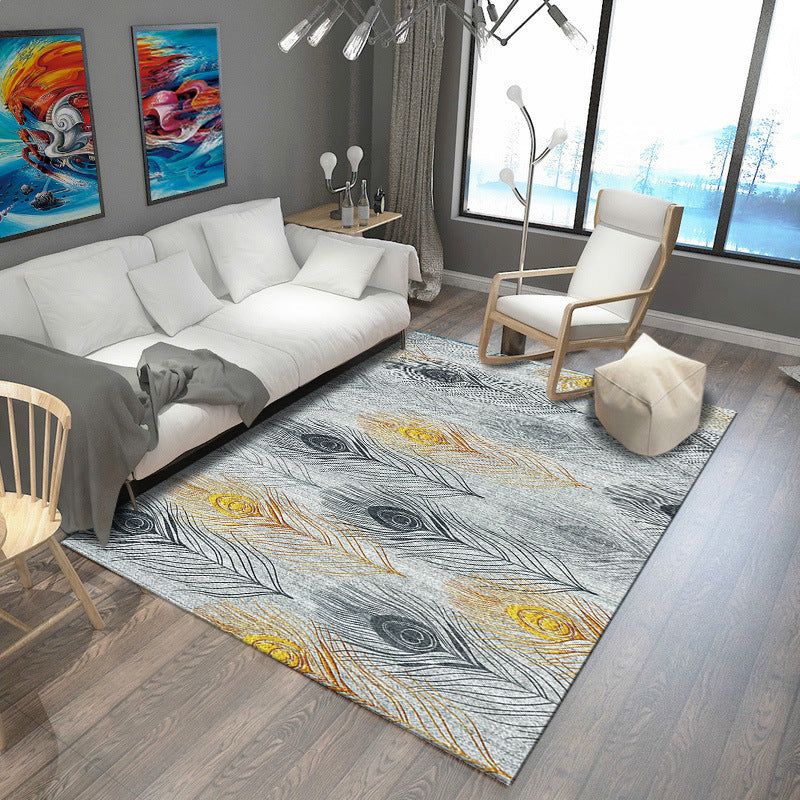 Grey Bedroom Rug Modern Peacock Feather Pattern Area Rug Polyester Machine Washable Pet Friendly Carpet