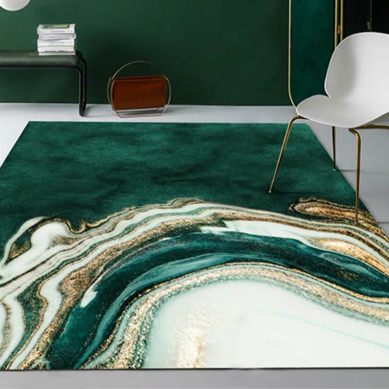 Green Bedroom Rug Modern Abstract Marble Pattern Area Rug Polyester Washable Carpet