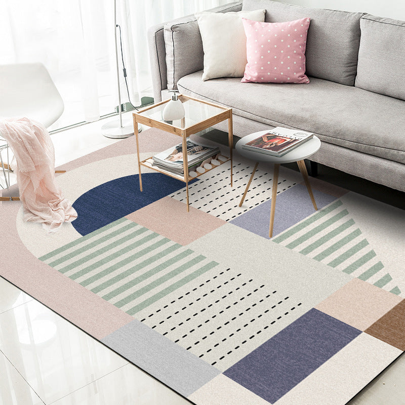 Pink Multicolor Casual Rug Polyester Striped Dotted Lines Pattern Rug Machine Washable Non-Slip Carpet for Bedroom