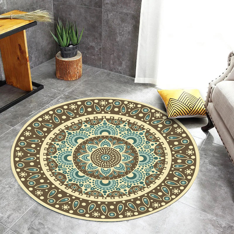 Blue and Brown Moroccan Rug Flannel Floral Print Rug Washable Non-Slip Backing Carpet for Living Room