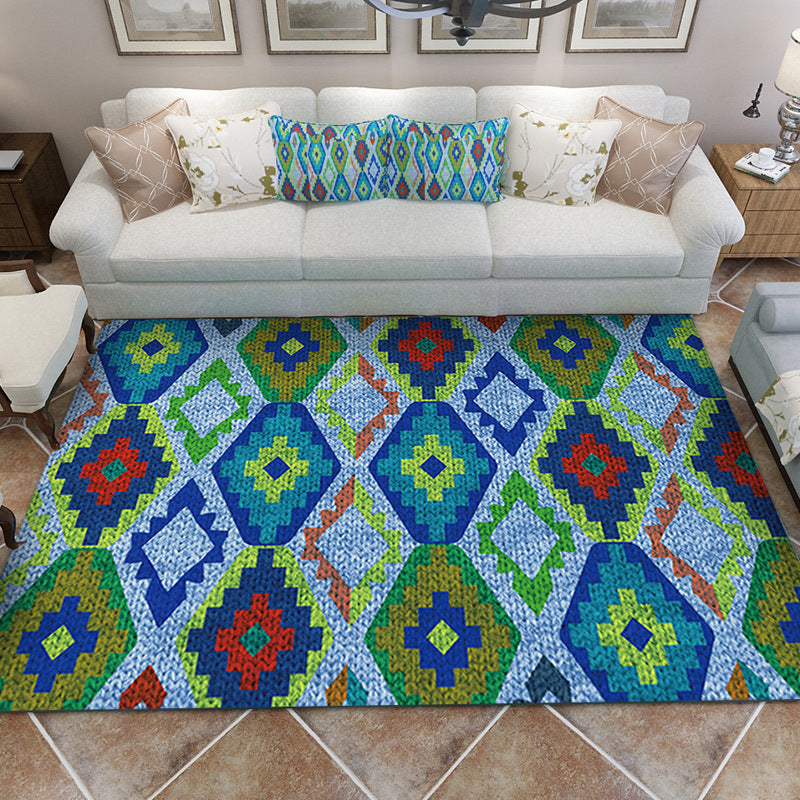 Blue Bedroom Rug Southwestern Diamond Pattern Area Rug Polyester Pet Friendly Non-Slip Carpet