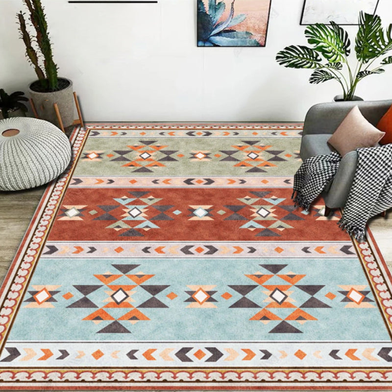 Blue and Red Bedroom Rug Moroccan Medallion Triangle Stripe Pattern Area Rug Polyester Anti-Slip Carpet