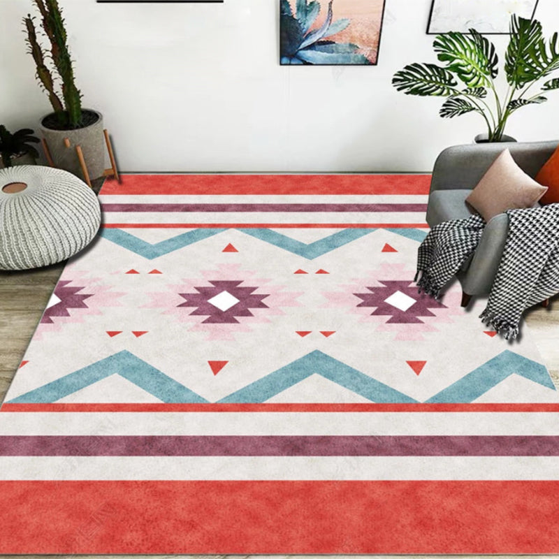 Blue and Red Bedroom Rug Moroccan Medallion Triangle Stripe Pattern Area Rug Polyester Anti-Slip Carpet