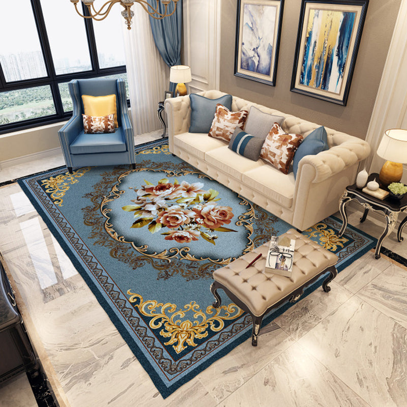 Persian Moroccan Rug in Blue and Red Medallion Floral Leaf Pattern Rug Polyester Washable Carpet for Home Decoration