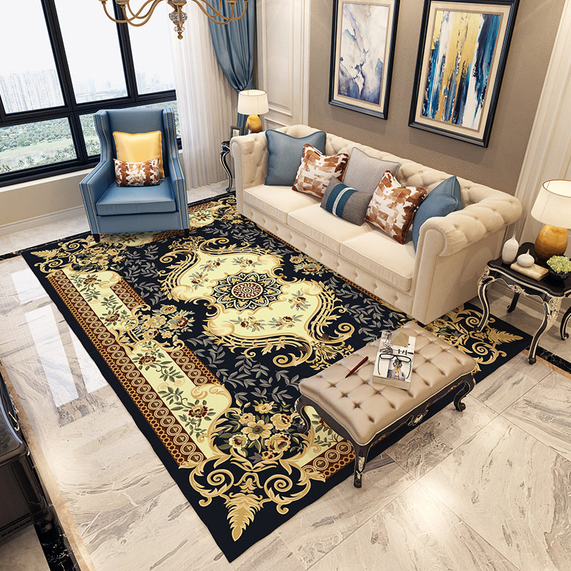 Moroccan Living Room Rug in Blue and Red Medallion Floral Print Rug Polyester Machine Washable Area Rug