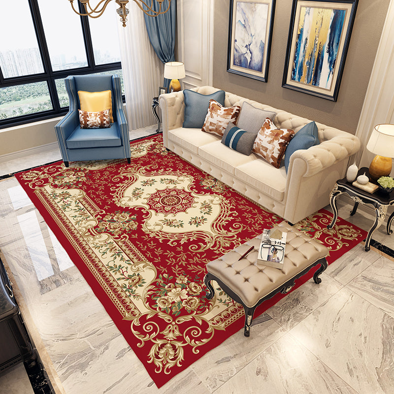 Moroccan Living Room Rug in Blue and Red Medallion Floral Print Rug Polyester Machine Washable Area Rug