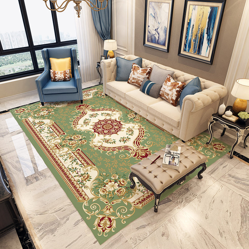Moroccan Living Room Rug in Blue and Red Medallion Floral Print Rug Polyester Machine Washable Area Rug