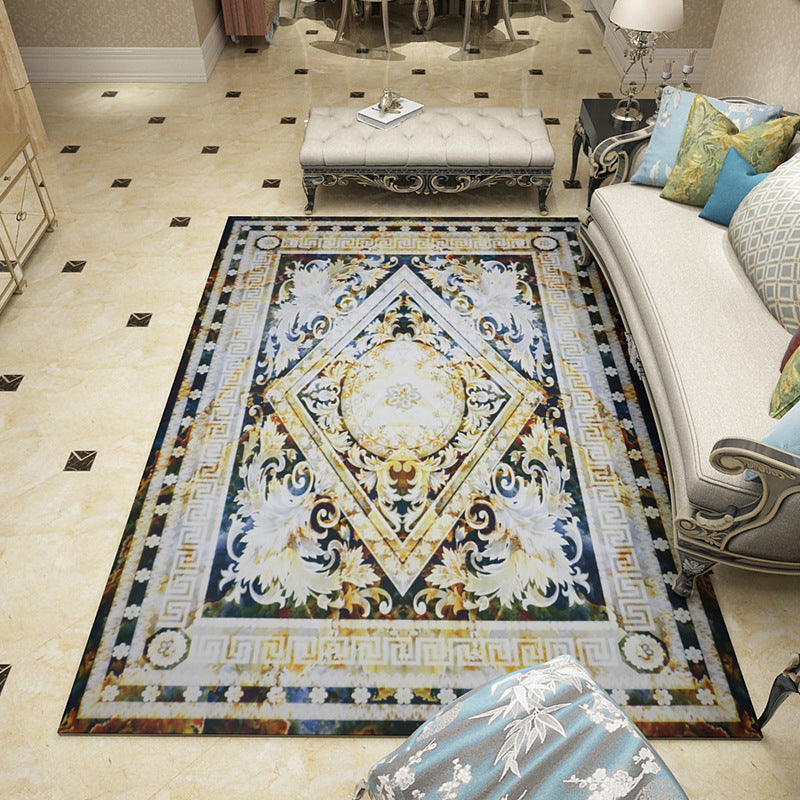 Mediterranean Moroccan Rug in Black and White Medallion Floral Pattern Rug Polyester Washable Carpet for Home Decoration