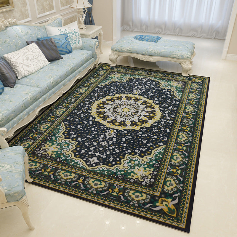 Mediterranean Moroccan Rug in Black and White Medallion Floral Pattern Rug Polyester Washable Carpet for Home Decoration